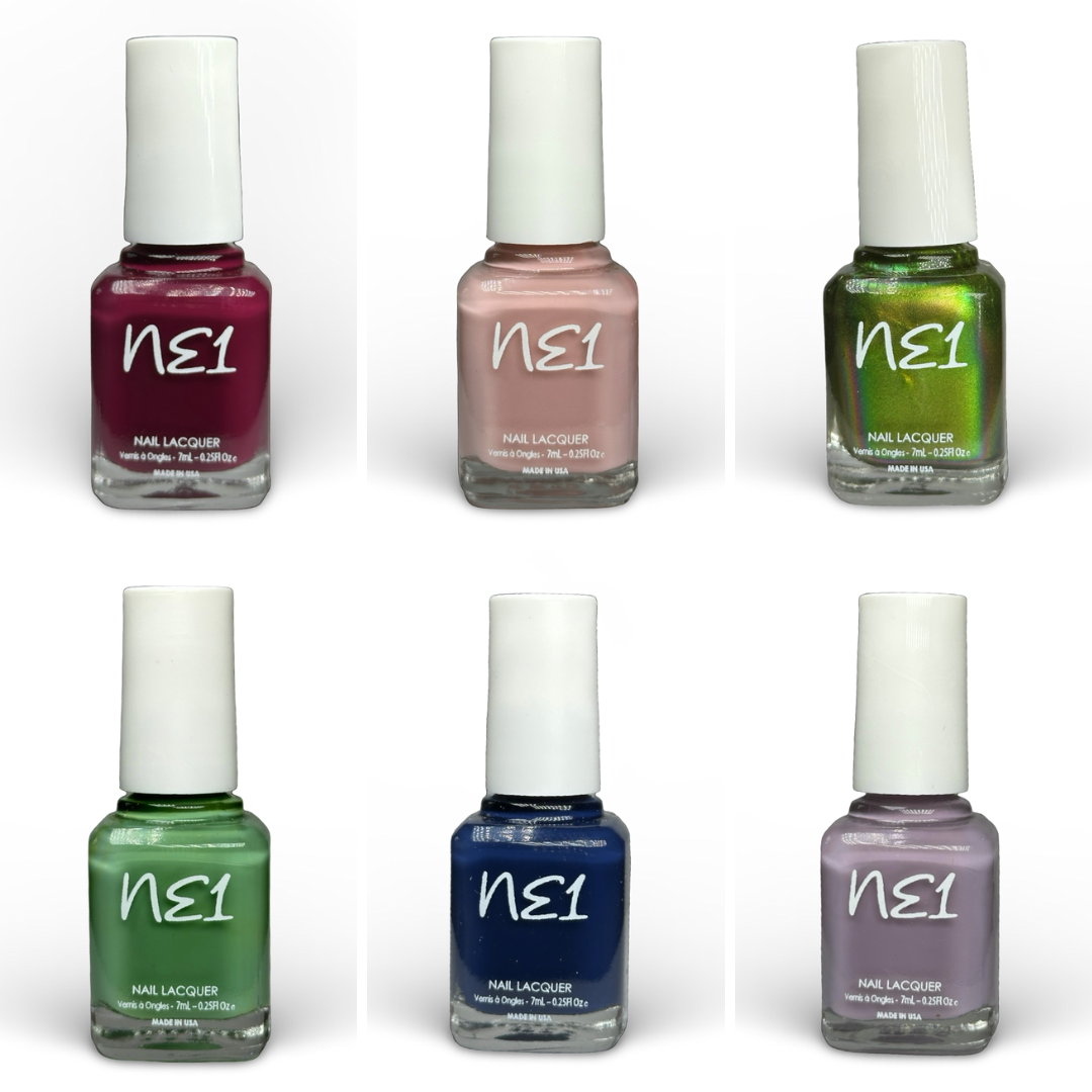 Product image of Fall 2024 nail polish colors for bundled price. Colors include Crimson Kiss (plum purple), Desert Dusk (light pink), Get Out Me Swamp (green glitter), May I Speak To Your Moss (sage green), Marine Layer (navy), and Taro Tango (light purple)