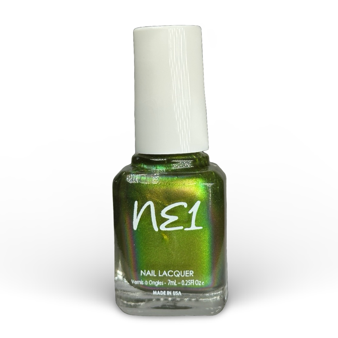 Bottle of Get Out Me Swamp, an iridescent green nail polish