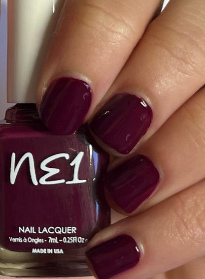 Nail swatch of Crimson Kiss plum purple nail polish for NE1 Nail Polish