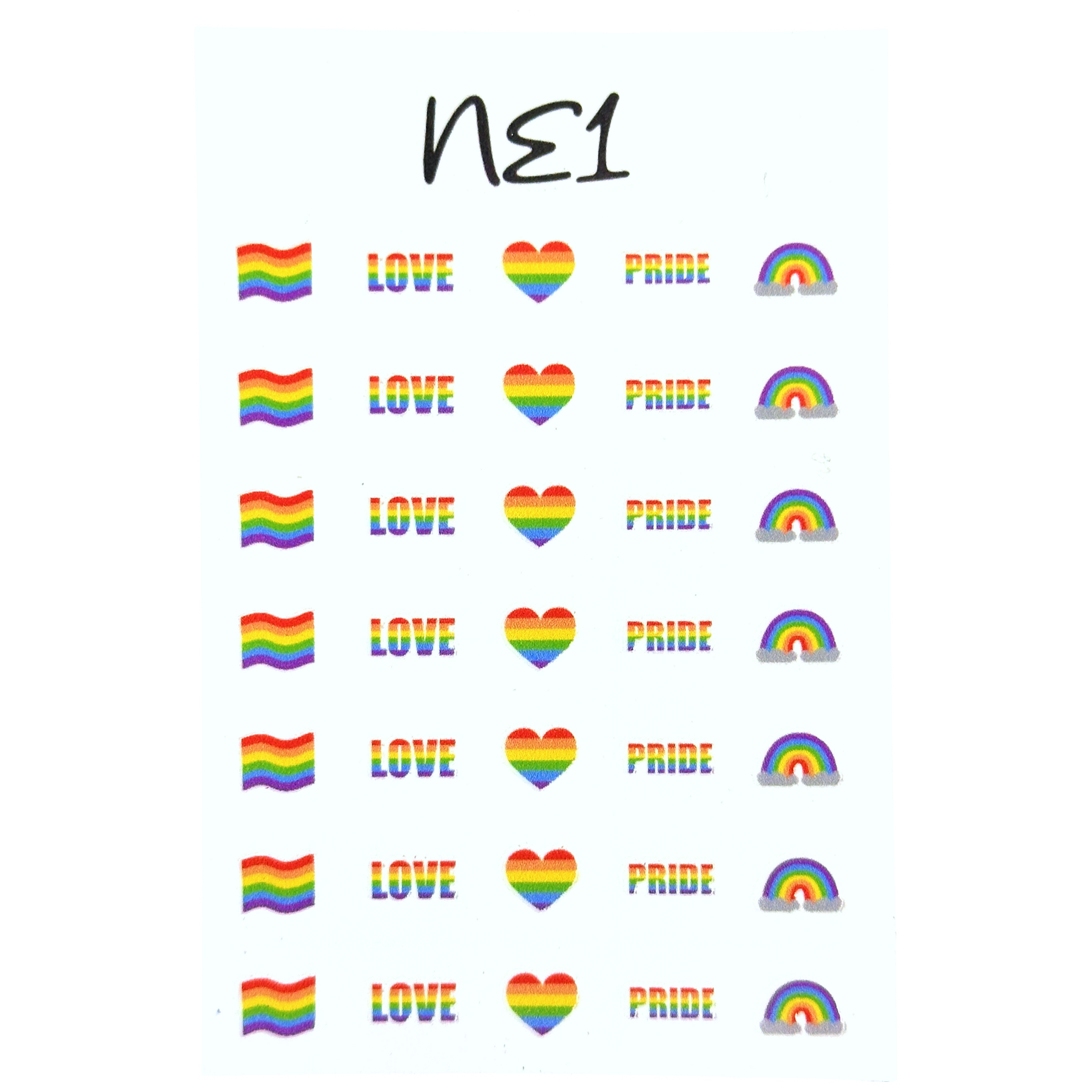 Pride nail stickers that include a rainbow flag, rainbow LOVE, rainbow heart, rainbow PRIDE, and a rainbow