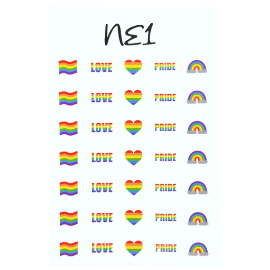 Pride nail stickers that include a rainbow flag, rainbow LOVE, rainbow heart, rainbow PRIDE, and a rainbow